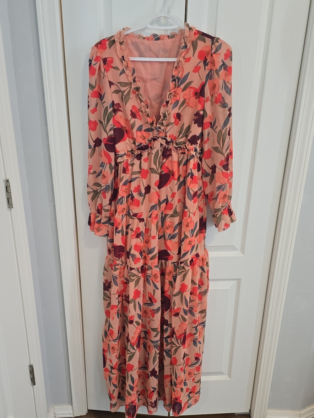 Peach Floral Ruffle-Trim Maxi Dress
